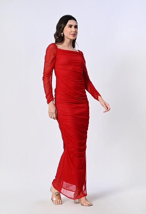 Mesh Square Neck Ruched One Piece Dress