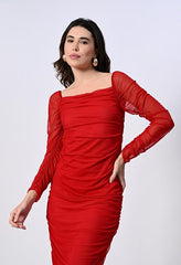 Mesh Square Neck Ruched One Piece Dress
