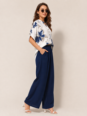 Floral V-Neck Top & Wide-Leg Trouser Two-Piece Set
