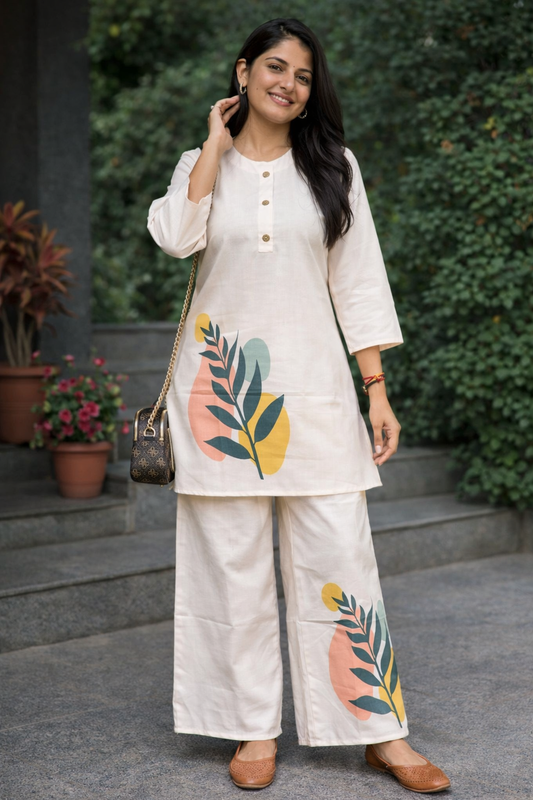 Rivayat Leaf Print Co-Ord Set (Off White)