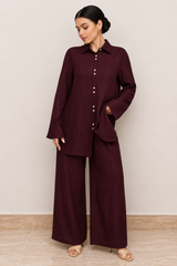 Women’s Crinkle Textured Oversized Cord Set - 2 Piece Button-Down Shirt & Wide Leg Trousers in Wine