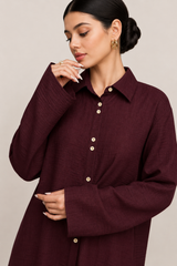 Women’s Crinkle Textured Oversized Cord Set - 2 Piece Button-Down Shirt & Wide Leg Trousers in Wine