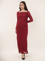 Mesh Square Neck Ruched One Piece Dress