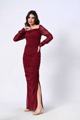 Mesh Square Neck Ruched One Piece Dress