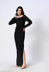 Mesh Square Neck Ruched One Piece Dress