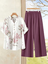 Floral V-Neck Top & Wide-Leg Trouser Two-Piece Set