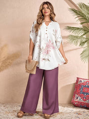 Floral V-Neck Top & Wide-Leg Trouser Two-Piece Set