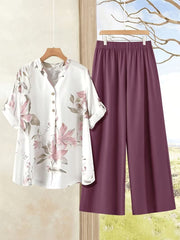 Floral V-Neck Top & Wide-Leg Trouser Two-Piece Set