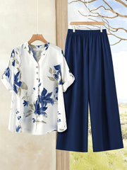 Floral V-Neck Top & Wide-Leg Trouser Two-Piece Set