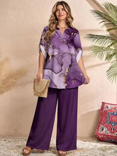 Purple Universe Print V-Neck Top & Wide-Leg Pant Set