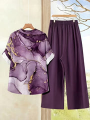 Purple Universe Print V-Neck Top & Wide-Leg Pant Set