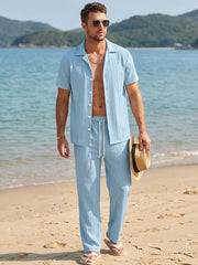 Men's Textured 2-Piece Short Sleeve Shirt & Trousers Co-ord Set- Sky Blue