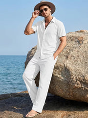 Men's Textured 2-Piece Short Sleeve Shirt & Trousers Co-ord Set- White