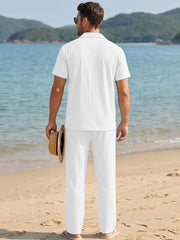 Men's Textured 2-Piece Short Sleeve Shirt & Trousers Co-ord Set- White
