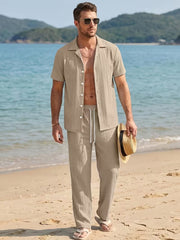 Men's Textured 2-Piece Short Sleeve Shirt & Trousers Co-ord Set- Beige