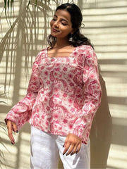 Women's Printed Straight Sleeveless Square Neck Flared Short Kurti for Women & Girls ā Pink & White Designer Kurti