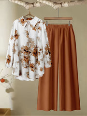 2-Piece Floral Print Shirt and Wide-Leg Cord Set