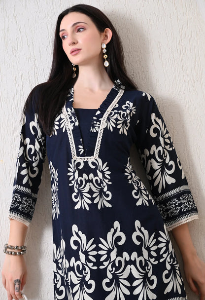 Rivayat Navy Noor Pure Cotton Floral Printed Co-ord Set | Elegant Casual Wear