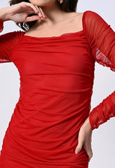 Mesh Square Neck Ruched One Piece Dress