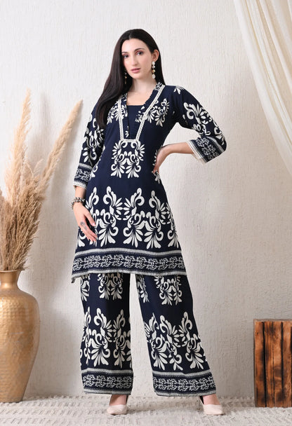Rivayat Navy Noor Pure Cotton Floral Printed Co-ord Set | Elegant Casual Wear