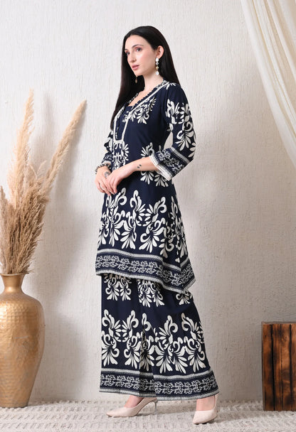 Rivayat Navy Noor Pure Cotton Floral Printed Co-ord Set | Elegant Casual Wear