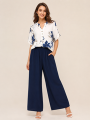 Floral V-Neck Top & Wide-Leg Trouser Two-Piece Set