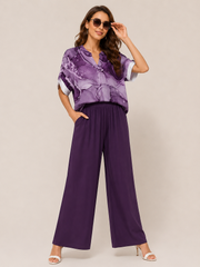 Purple Universe Print V-Neck Top & Wide-Leg Pant Set