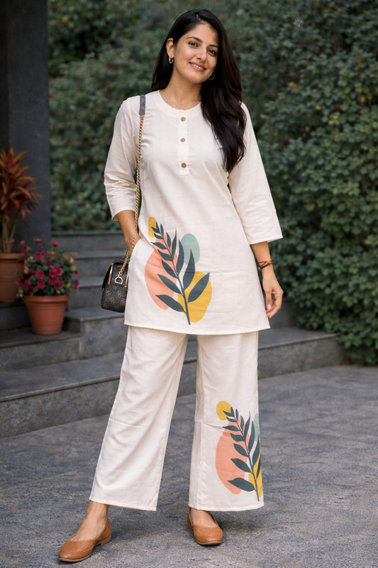 Rivayat Leaf Print Co-Ord Set (Off White)