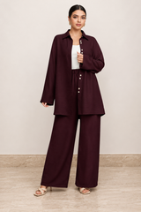 Women’s Crinkle Textured Oversized Cord Set - 2 Piece Button-Down Shirt & Wide Leg Trousers in Wine