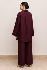 Women’s Crinkle Textured Oversized Cord Set - 2 Piece Button-Down Shirt & Wide Leg Trousers in Wine