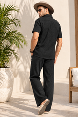 Men's Textured 2-Piece Short Sleeve Shirt & Trousers Co-ord Set- Black