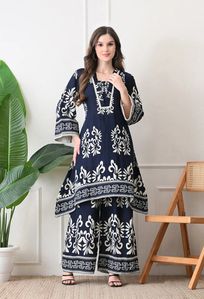 Rivayat Navy Noor Pure Cotton Floral Printed Co-ord Set | Elegant Casual Wear