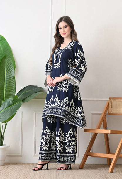 Rivayat Navy Noor Pure Cotton Floral Printed Co-ord Set | Elegant Casual Wear