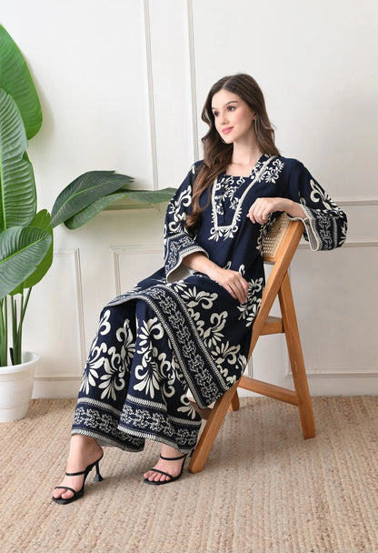Rivayat Navy Noor Pure Cotton Floral Printed Co-ord Set | Elegant Casual Wear