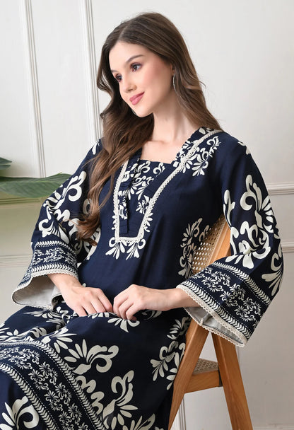 Rivayat Navy Noor Pure Cotton Floral Printed Co-ord Set | Elegant Casual Wear
