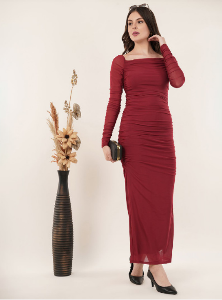 Mesh Square Neck Ruched One Piece Dress