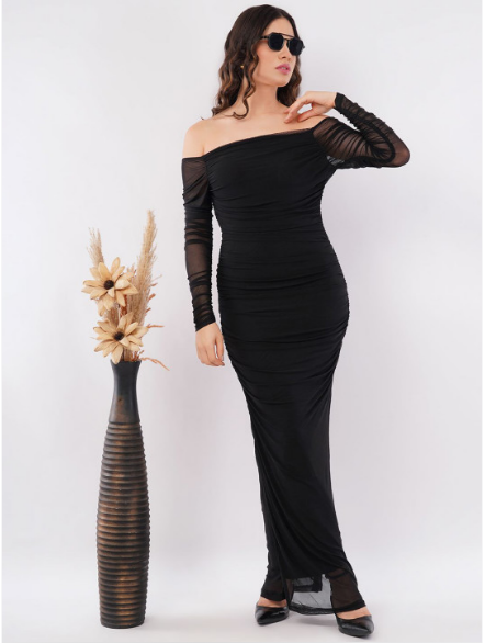 Mesh Square Neck Ruched One Piece Dress