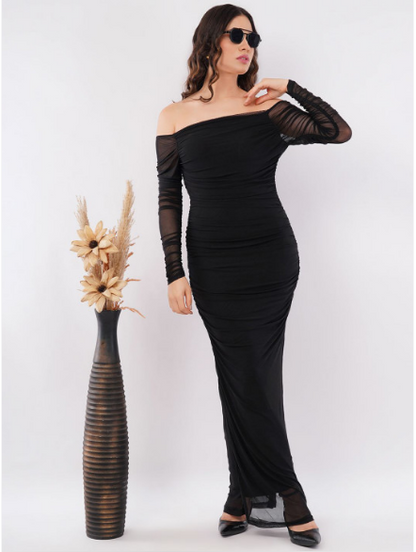 Mesh Square Neck Ruched One Piece Dress