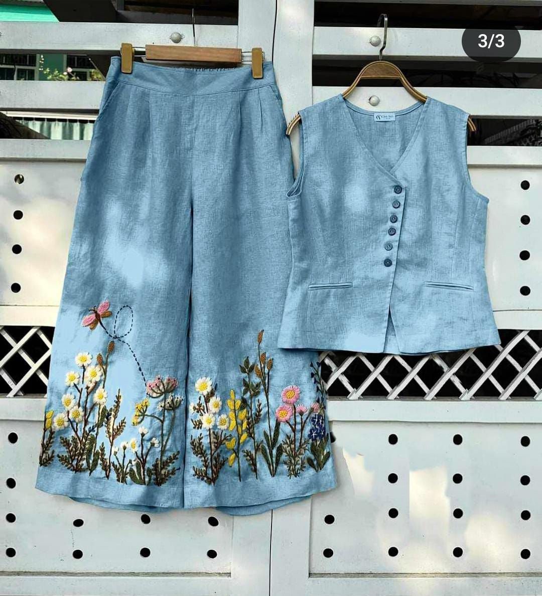 Flower Embroidery Cord Set (Top + Bottom)