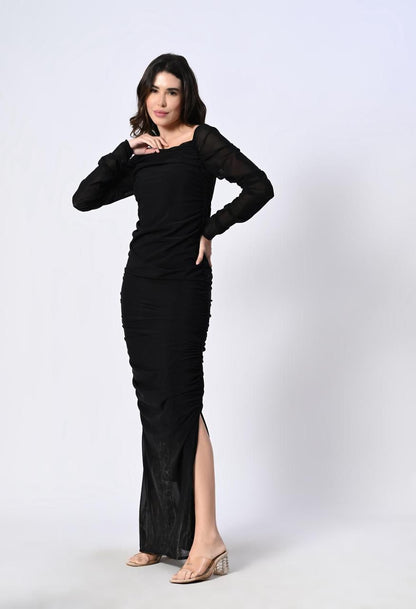 Mesh Square Neck Ruched One Piece Dress