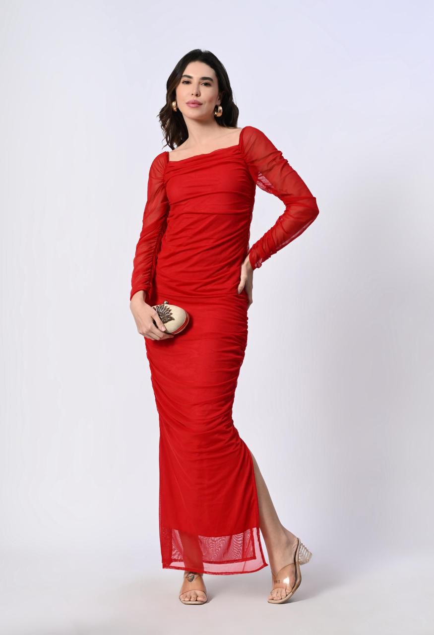 Mesh Square Neck Ruched One Piece Dress