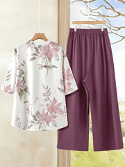 Floral V-Neck Top & Wide-Leg Trouser Two-Piece Set