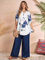 Floral V-Neck Top & Wide-Leg Trouser Two-Piece Set