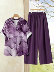 Purple Universe Print V-Neck Top & Wide-Leg Pant Set
