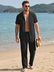 Men's Textured 2-Piece Short Sleeve Shirt & Trousers Co-ord Set- Black