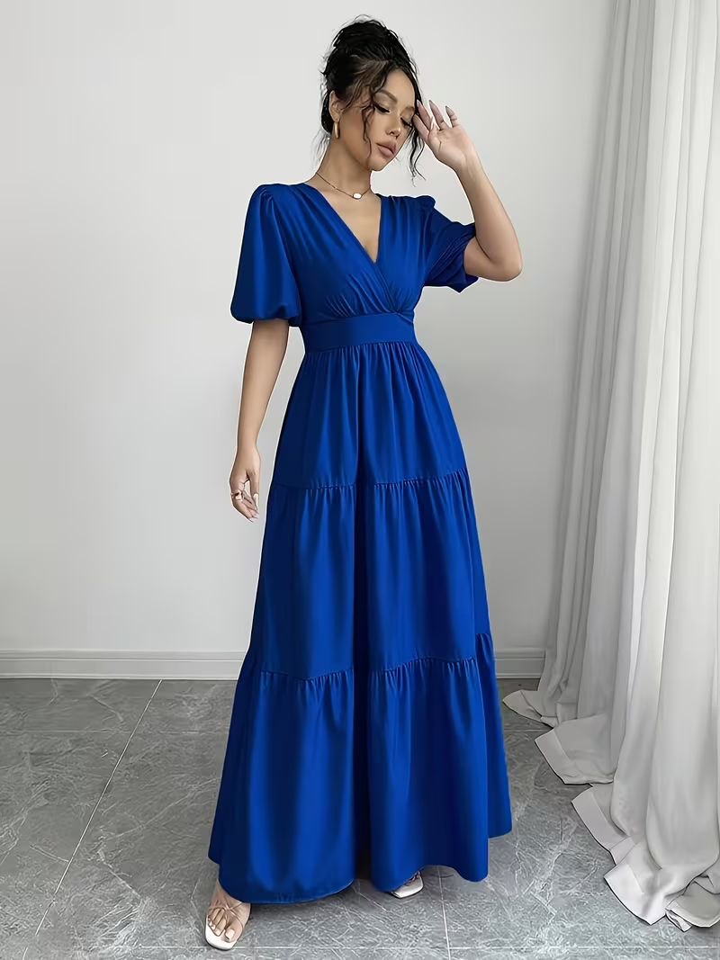 V-Neck Puff Sleeve Empire Waist Dress