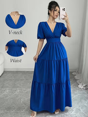V-Neck Puff Sleeve Empire Waist Dress