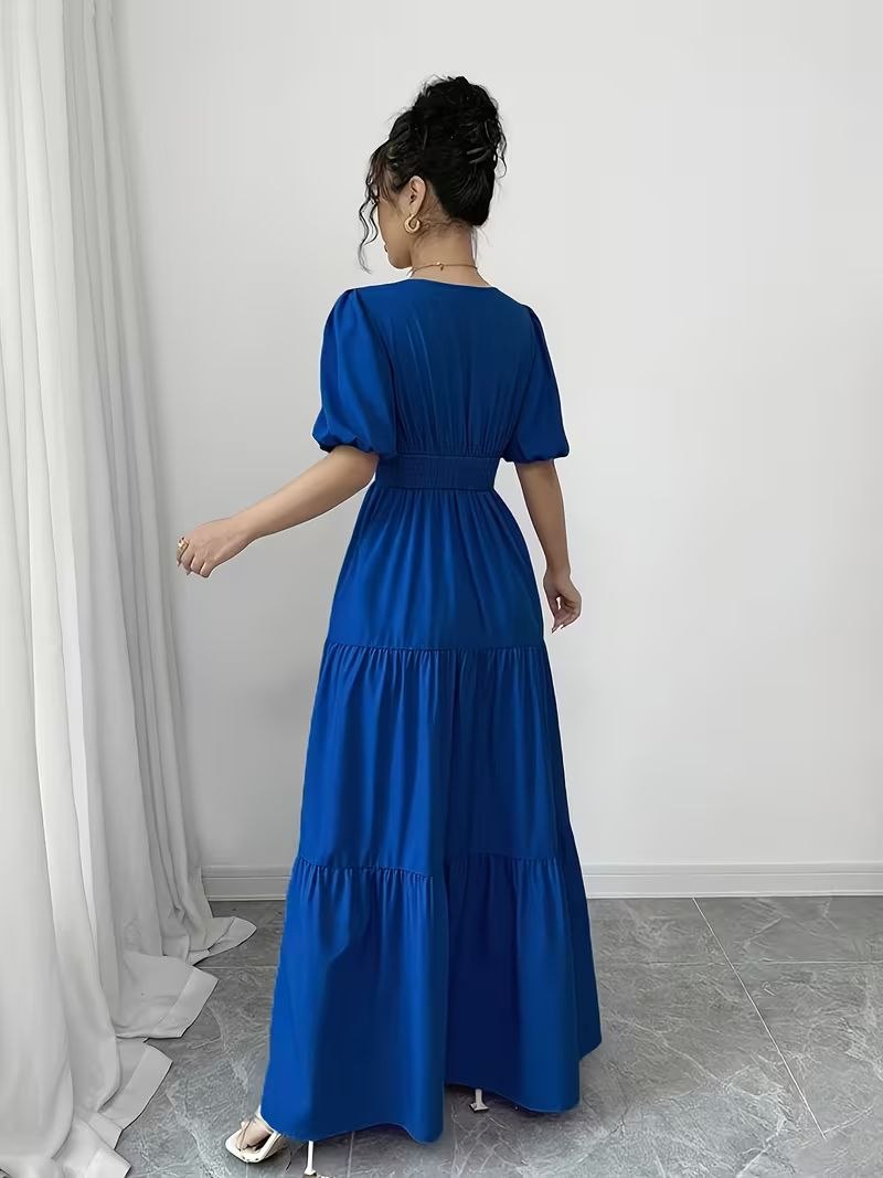 V-Neck Puff Sleeve Empire Waist Dress