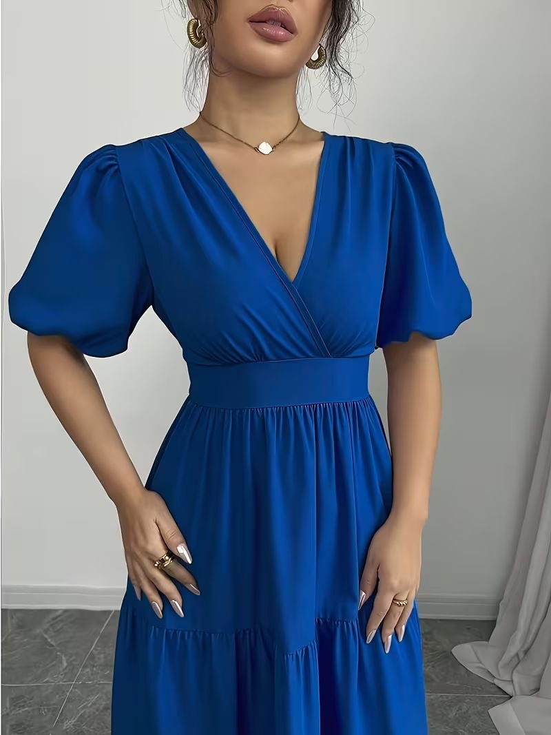 V-Neck Puff Sleeve Empire Waist Dress