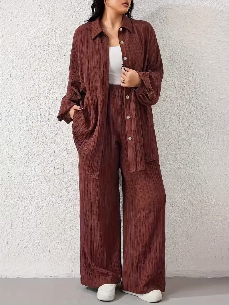 Textured Crinkle-Finish Tunic & Wide Leg Trouser Duo